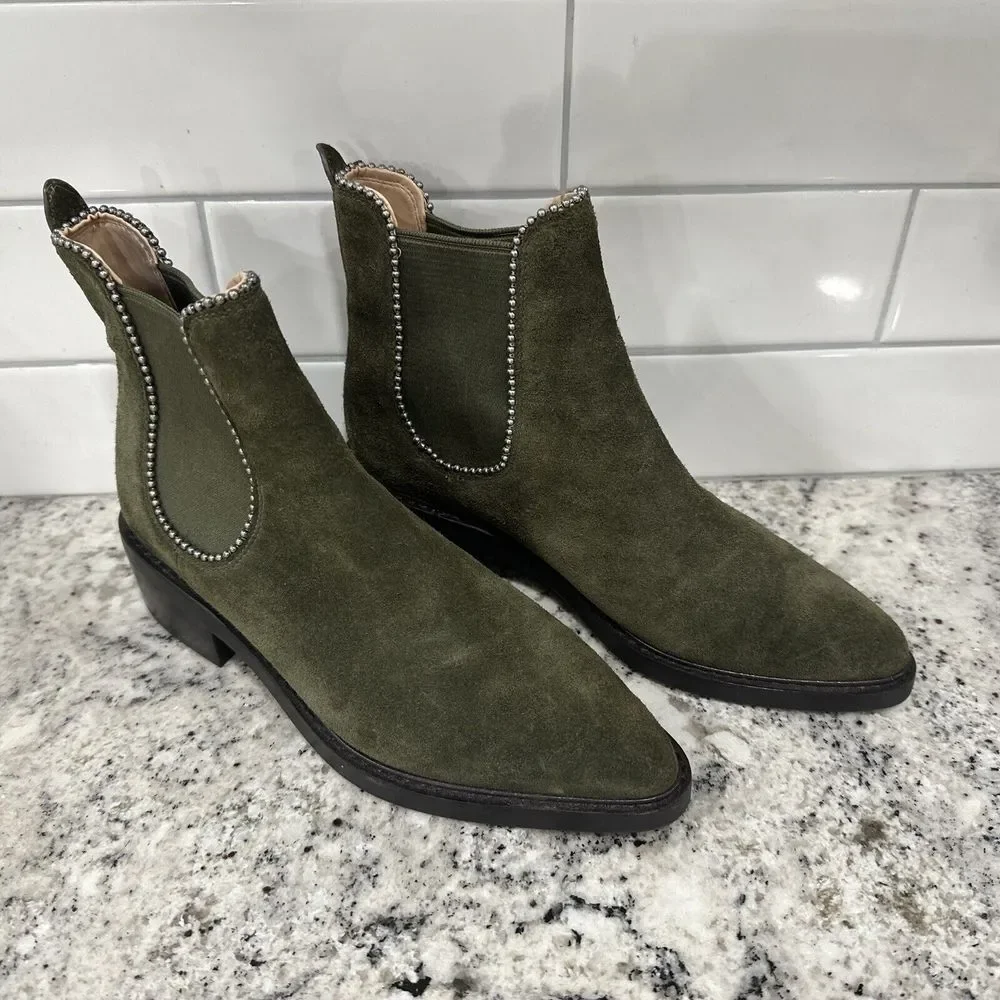 Coach Womens Bowery‎ Bead Chelsea Suede Khaki Green Ankle Boots 36.5 US 6B
